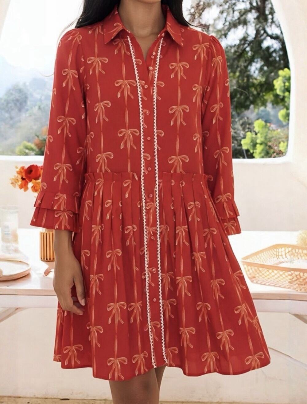 IVY CITY CO Bowie Red Ribbon Tiered Ruffle Sleeve Button Down Tunic Dress Sz 1X